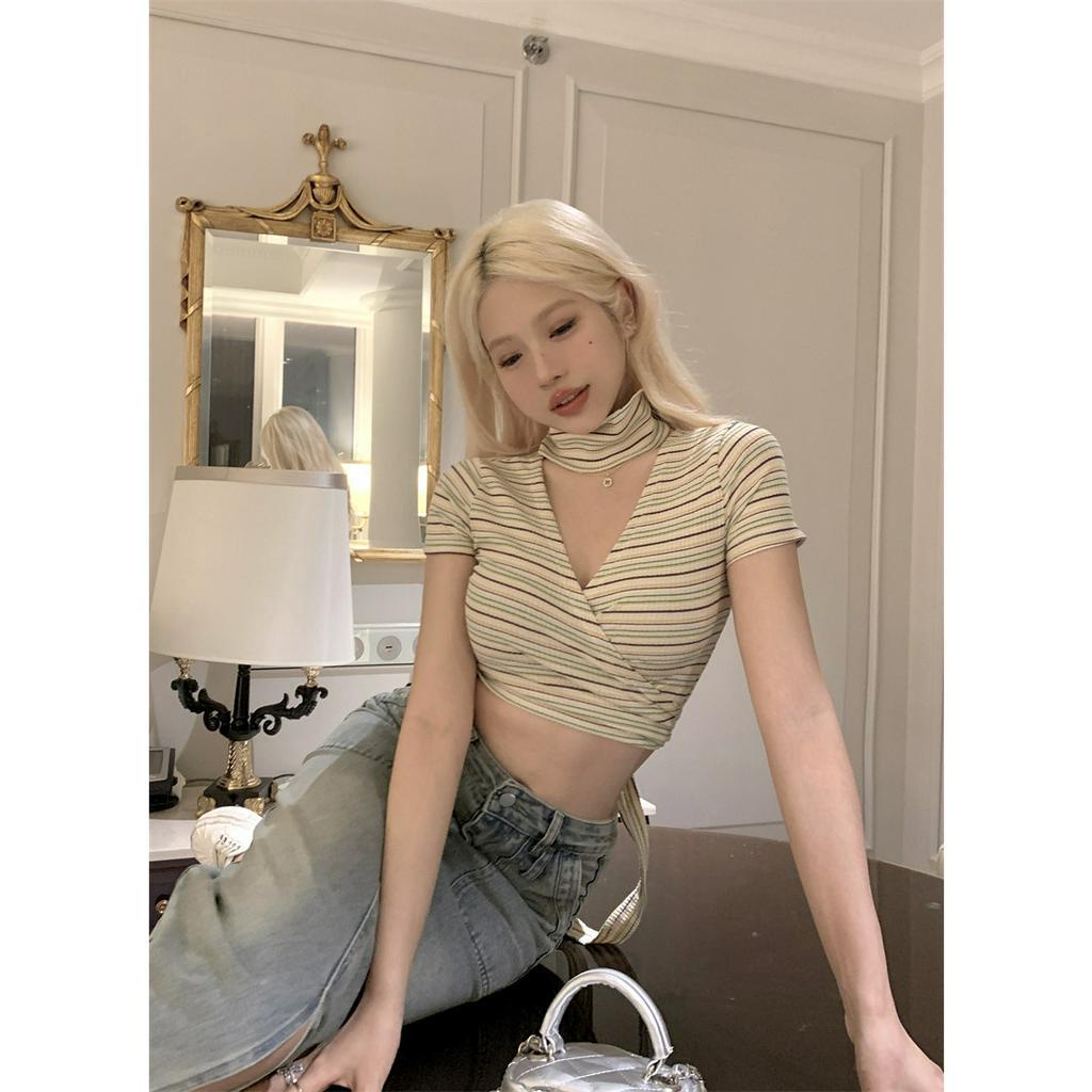 QADCOL Áo Thun Ngắn Tay Cổ Chữ V Dáng Ôm Hoa Văn Kẻ Sọc Thời Trang Dành Cho Nữ