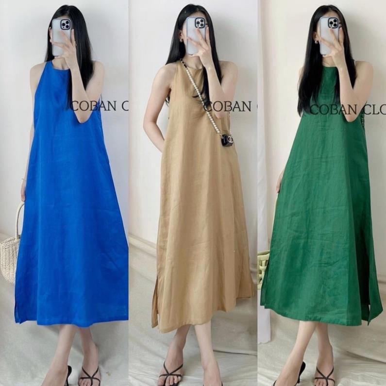 Đầm midi cổ yếm không tay chất lenin dáng suông