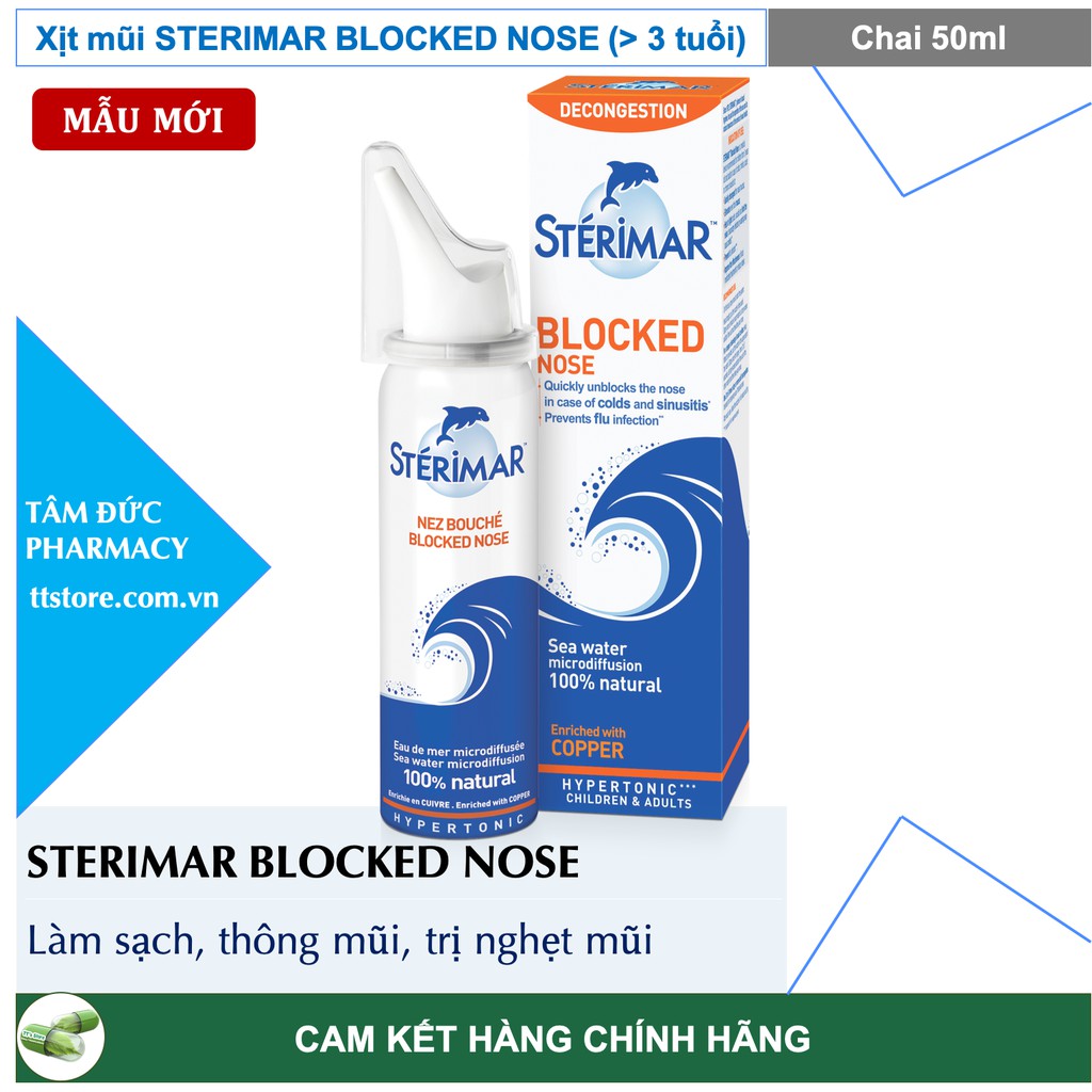 STERIMAR BLOCKED NOSE [chai 50ml] - Làm sạch, giảm nghẹt mũi (sterima / xịt mũi cá heo)