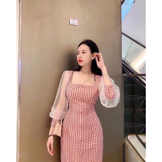 đầm caro phối tay lưới cực xinh GB15081 mới