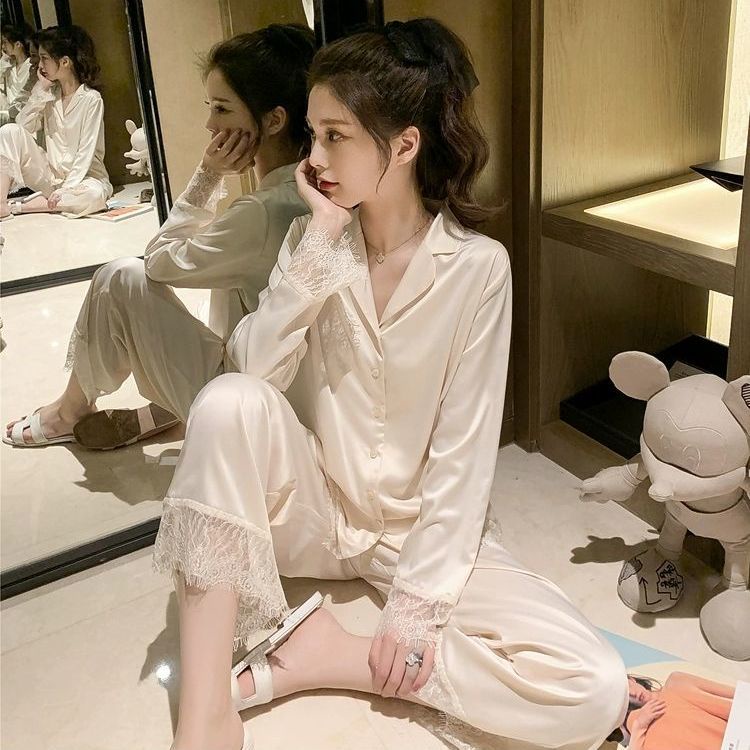 Bộ đồ ngủ tay dài dáng rộng phối ren thời trang quyến rũ cho nữ