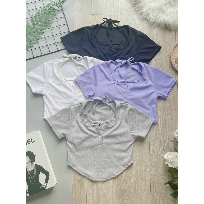 Áo Croptop MIRA.CLOSET Vạt Bầu Cổ U Cúc Cài Phối Cổ Yếm A5257