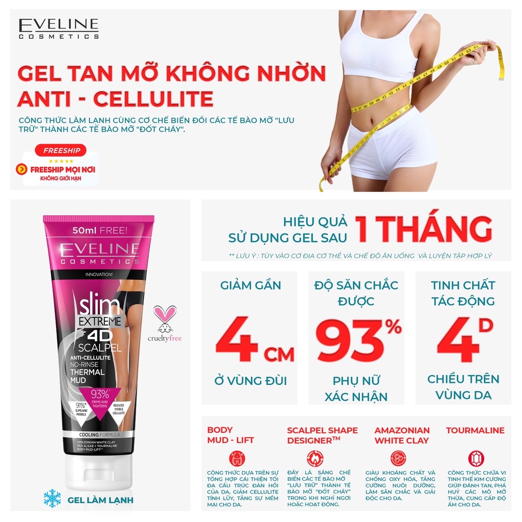 Gel Tan Mỡ Slim Extreme 4D EVELINE Lạnh, Không Nhờn, Kích Thích Đốt Cháy Mỡ Tuýp 250ml