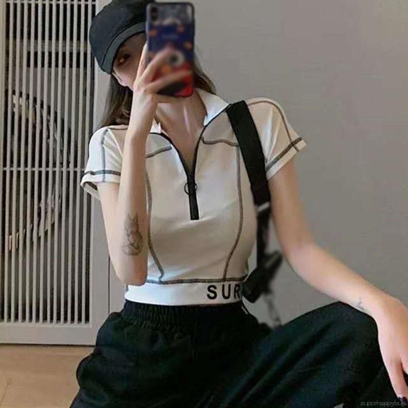 Áo Thun Ngắn Tay Phối Khóa Kéo Phong Cách Hong Kong