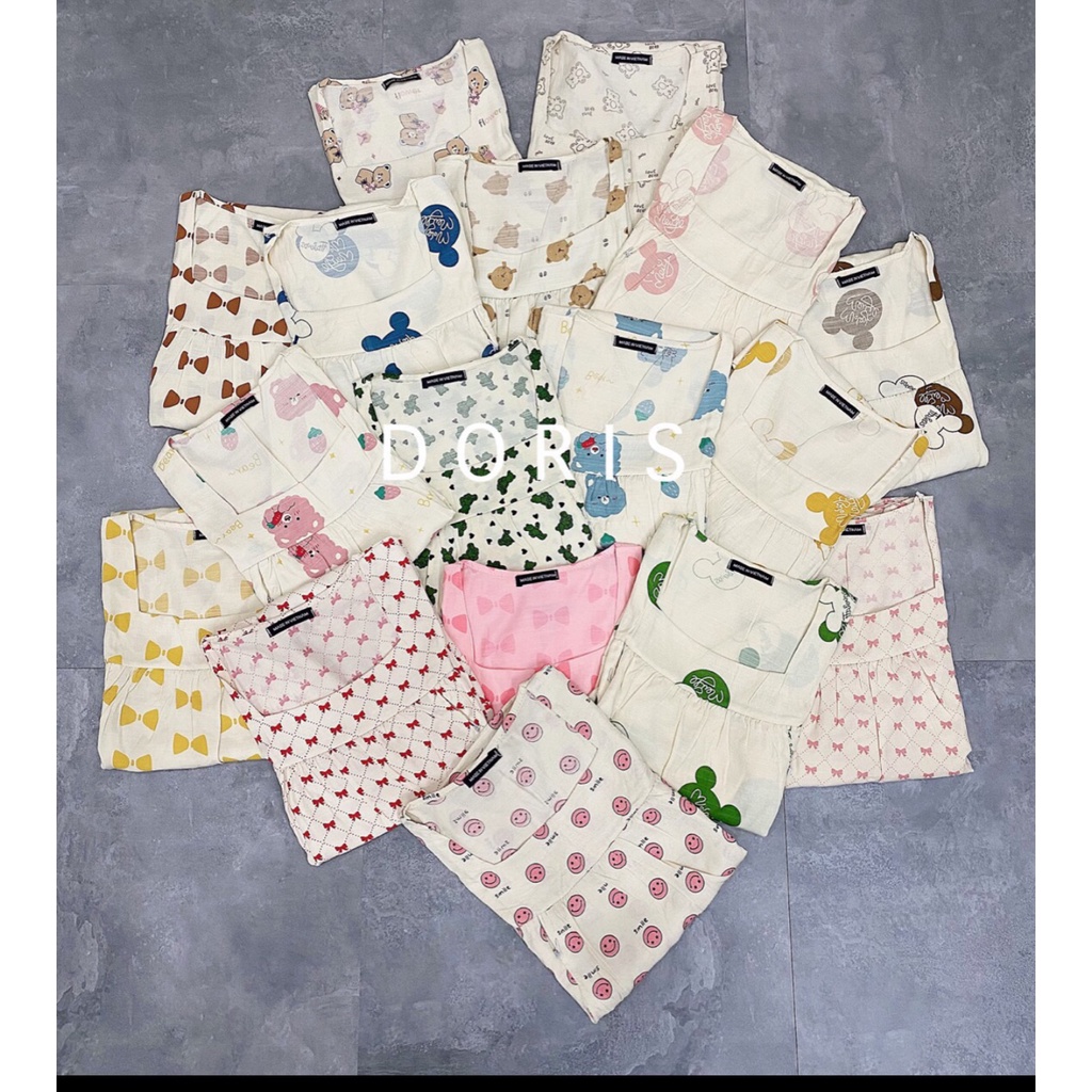 Bộ đồ bầu cổ vuông mặc đi ngủ học tiết hoạt hình, bộ đồ mặc bầu và sau sinh chất Đũi có khoá ngực