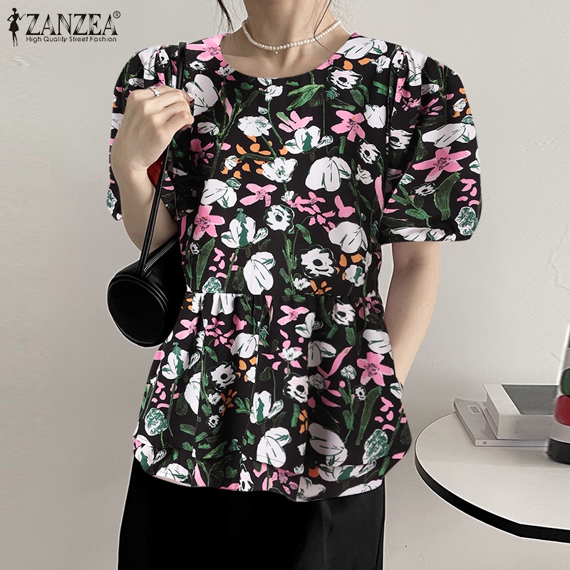 Áo ZANZEA tay phồng cổ tròn in họa tiết phong cách vintage dành cho nữ