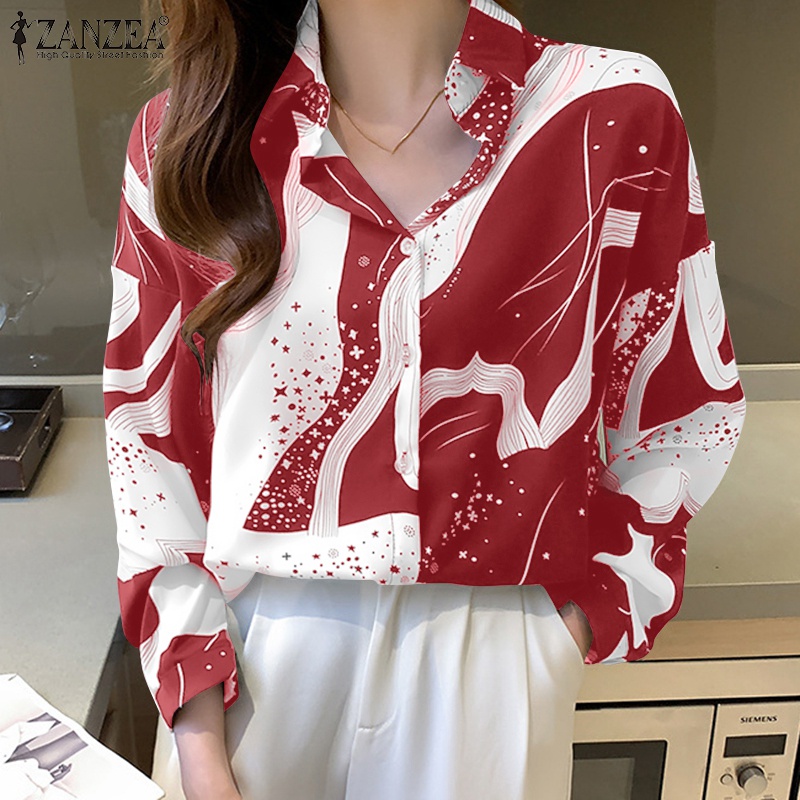 Áo Zanzea cổ áo gập xuống họa tiết in ấn kiểu dáng rộng rãi thời trang đơn giản phong cách Hàn Quốc cho nữ