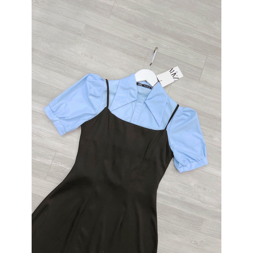 Sét yếm váy hai dây đen trơn mix áo sơ mi xanh chất liệu cotton, áo sơ mi nữ cổ nhọn Hàn Quốc