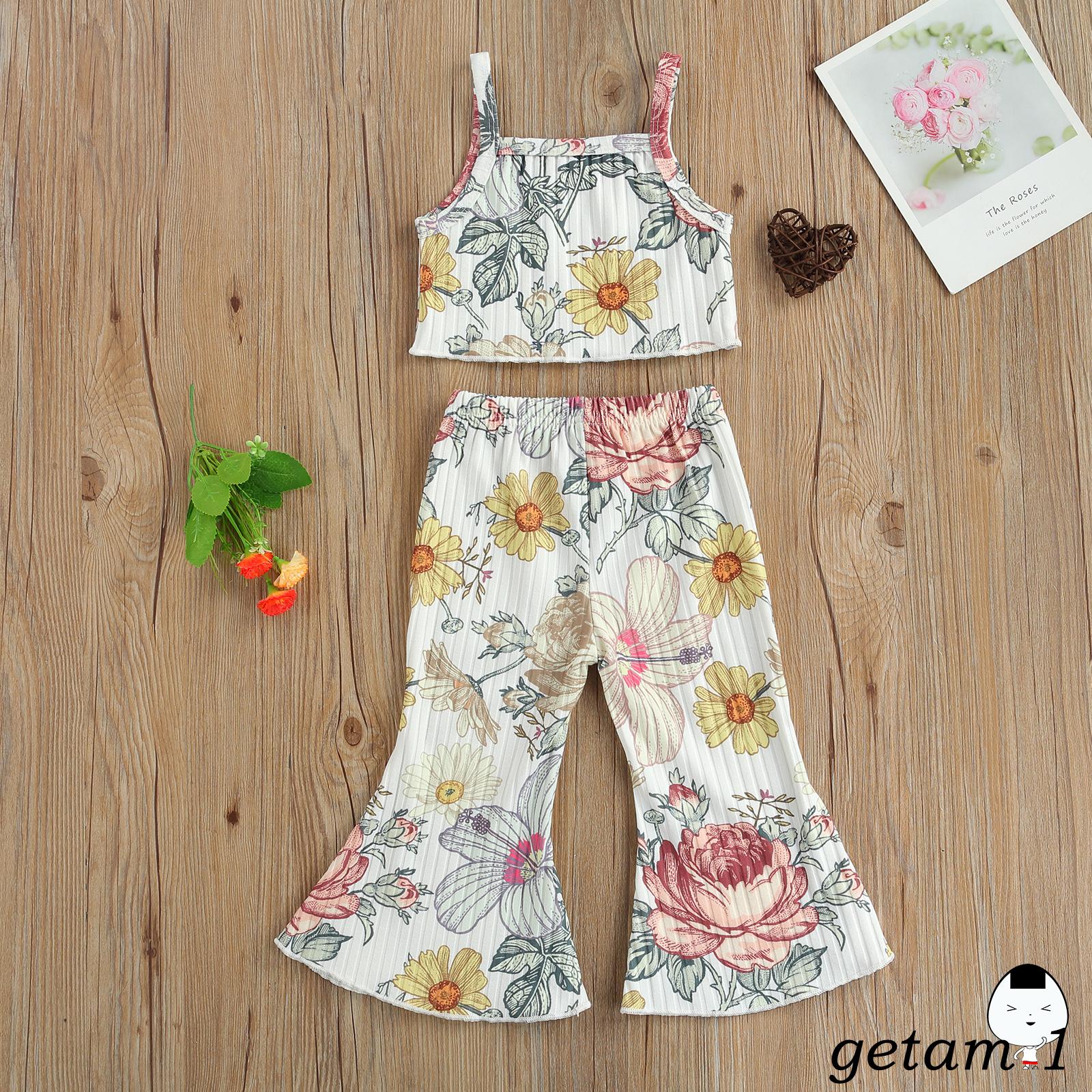 Set Áo Croptop Sát Nách In Hoa + Quần Ống Loe Thời Trang Cho Bé Gái