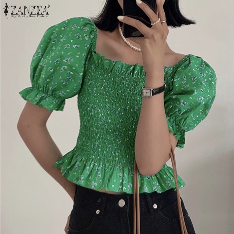 Zanzea Áo Kiểu Tay Phồng Cổ Vuông In Họa Tiết Phong Cách Hàn Quốc Thời Trang Cho Nữ