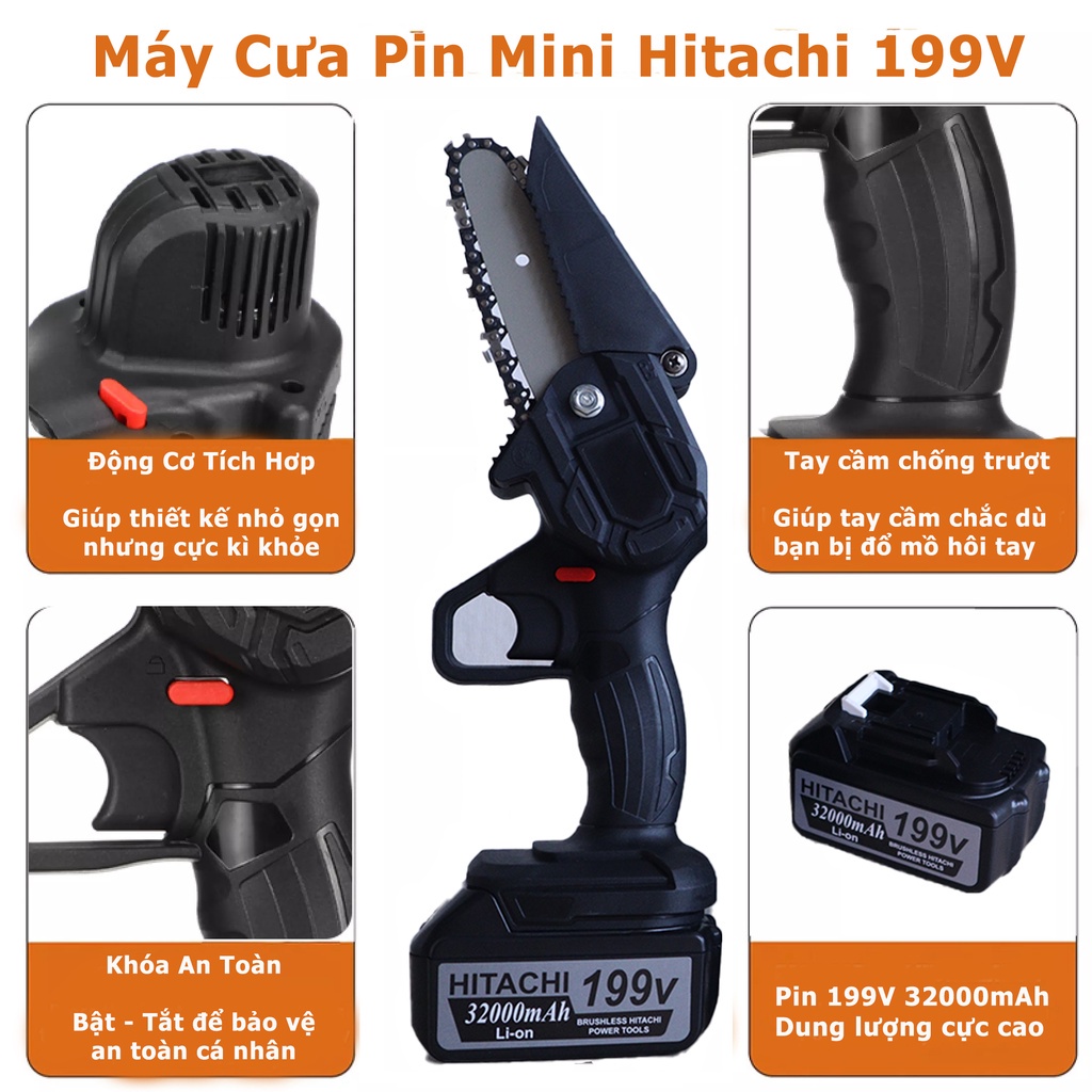 Máy cưa xích dùng pin Hitachi 199V - Dung Lượng Khủng 32000 mAH -