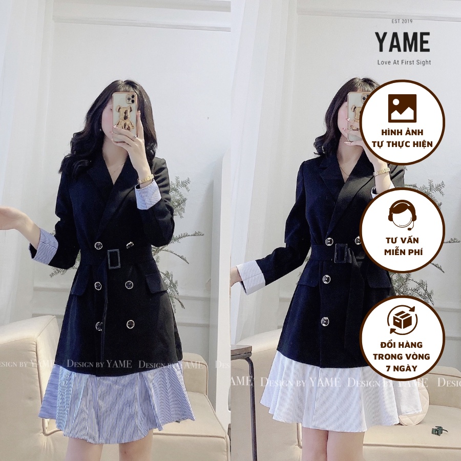 Váy vest dài tay phối kẻ trắng, xanh công sở kèm đai belt thanh lịch, nhã nhặn YAME 399