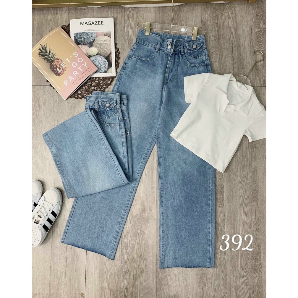 Quần Bò Nữ Ống Rộng Lưng Cao Cạp To Bản Màu Xanh Trơn Không Bo Gấu