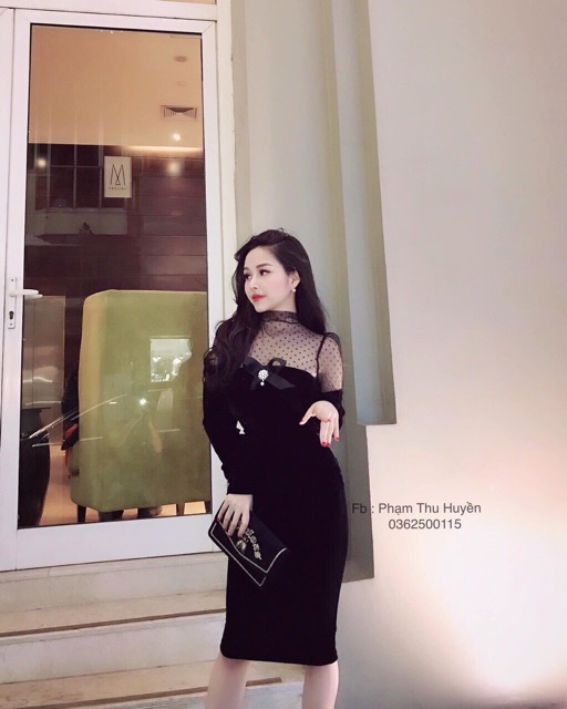 Váy body nhung pha lưới tag nơ siêu xinhhh