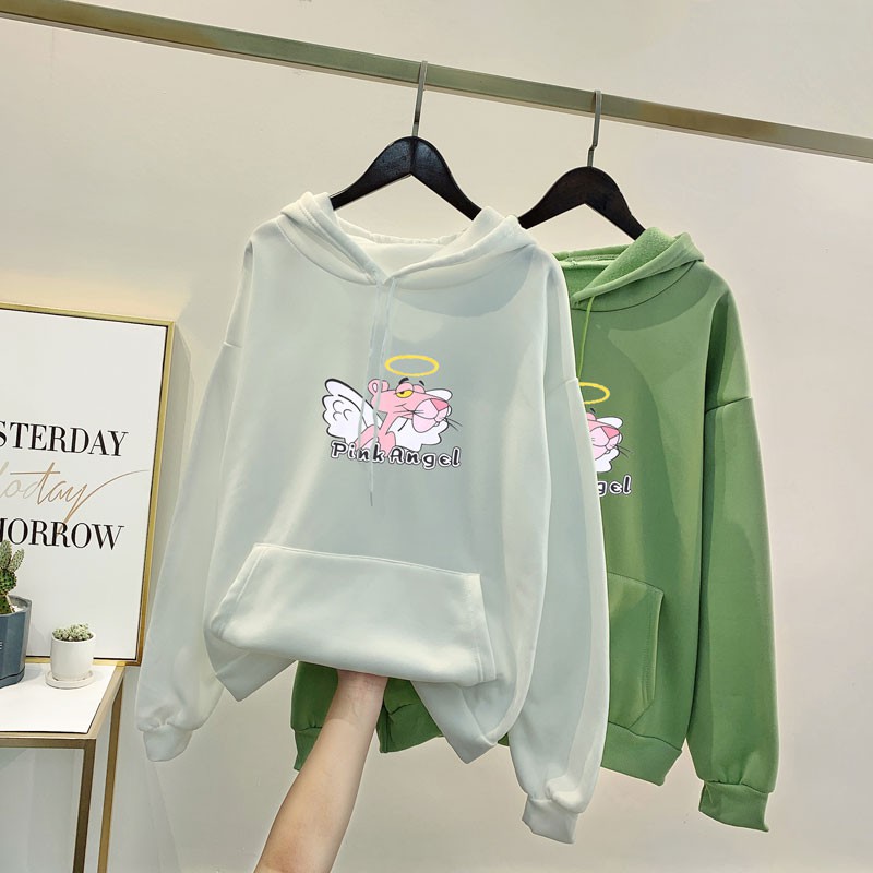 Áo Hoodie Dáng Rộng In Hình Báo Hồng Dễ Thương Thời Trang Xuân Thu Cho Cặp Đôi