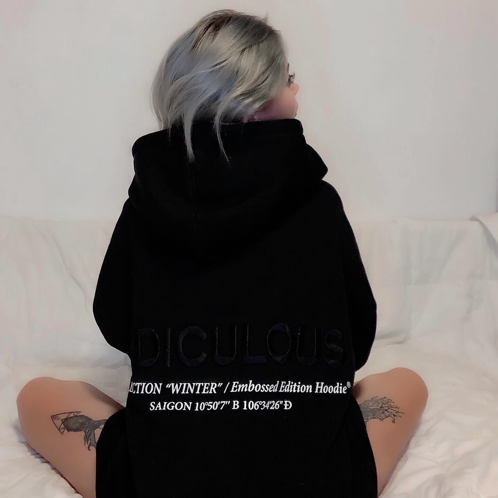 Áo Hoodie Đen Ridiculous Thêu Nổi 100% Nỉ Cotton