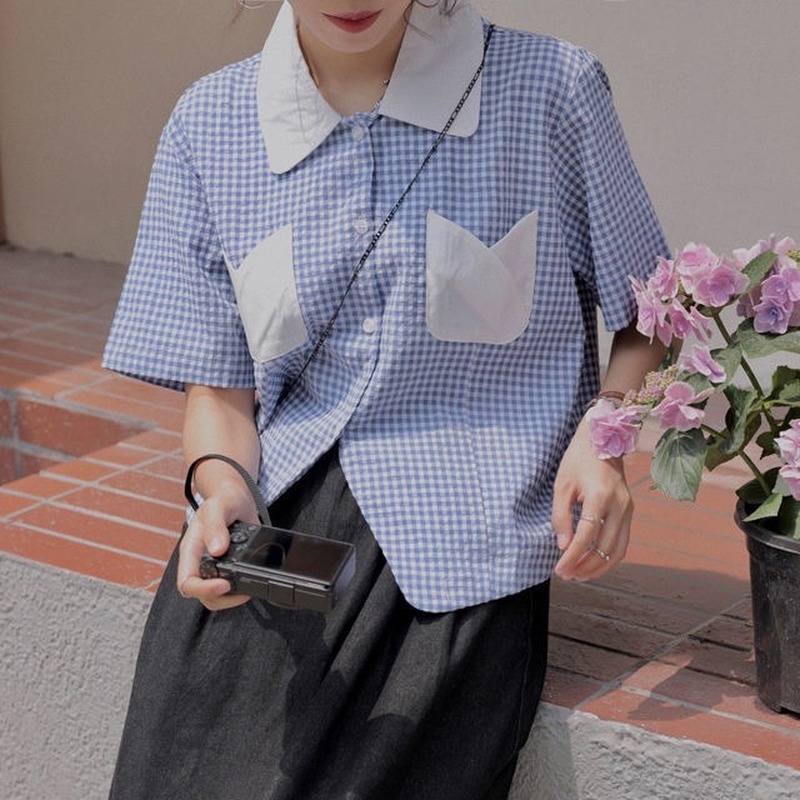 Áo Sơ Mi Tay Ngắn Họa Tiết Caro Thời Trang Sành Điệu Cho Nữ