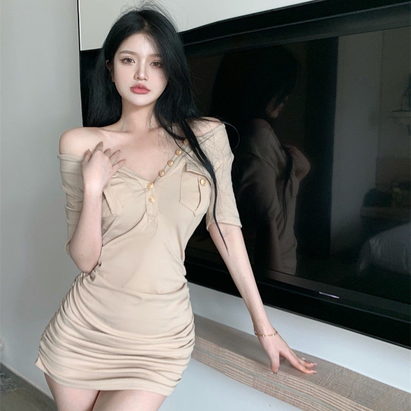 COZOKC COZOK Đầm Tay Ngắn Cổ Tròn Phối Hàng Cúc Đơn Phong Cách Retro Hàn Quốc Trẻ Trung