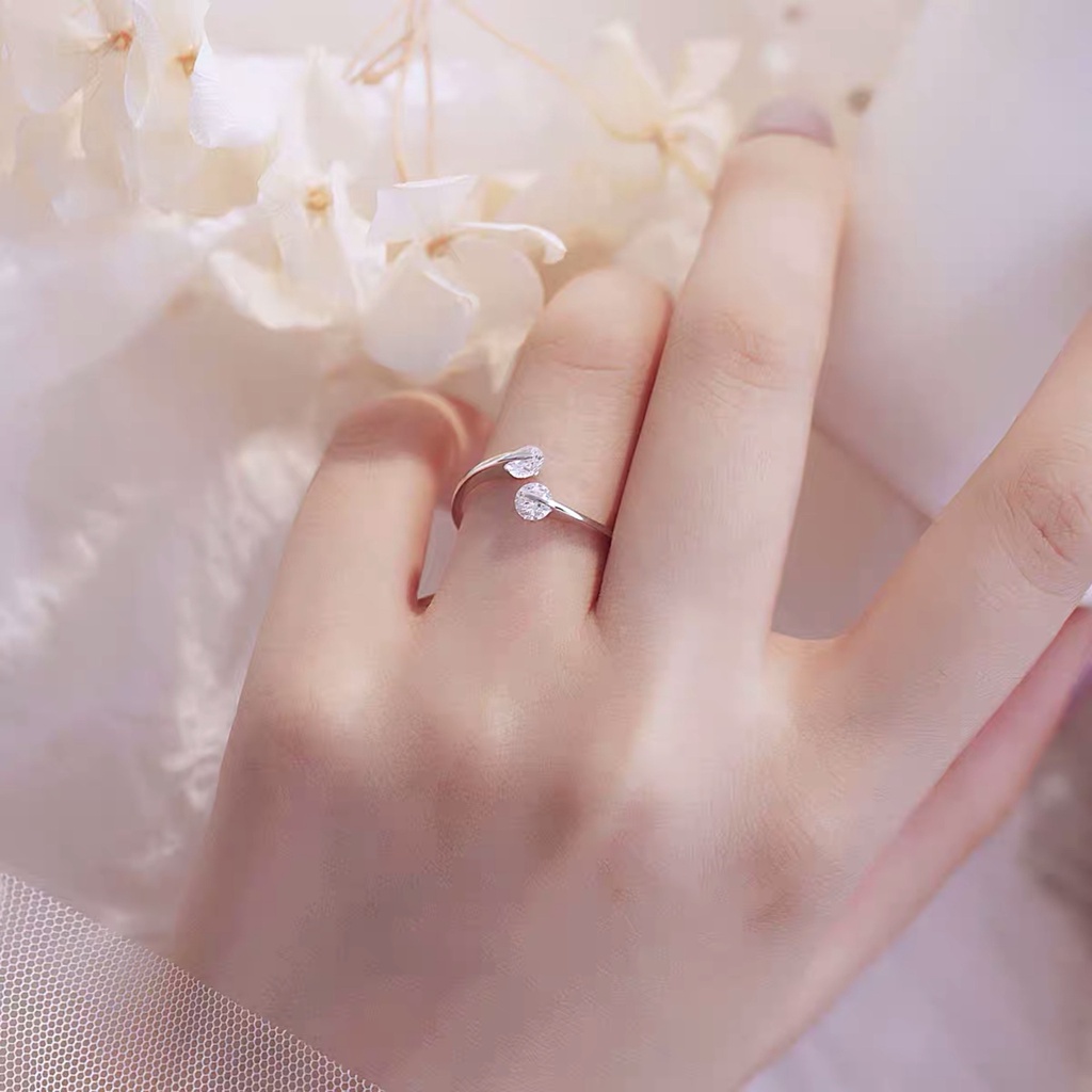 925 Silver Double Diamond Ring Open Ring Adjustable Size Simple Korean Style Ring Women Fashion Ring