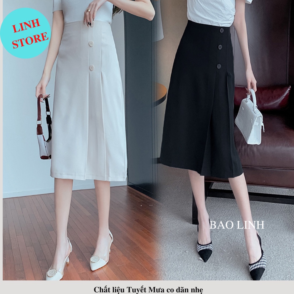 Chân Váy Dài Qua Gối Linh Store Phối Ba Cúc Chữ A Công Sở Chất Liệu Tuyết Mưa Hãng Vitex