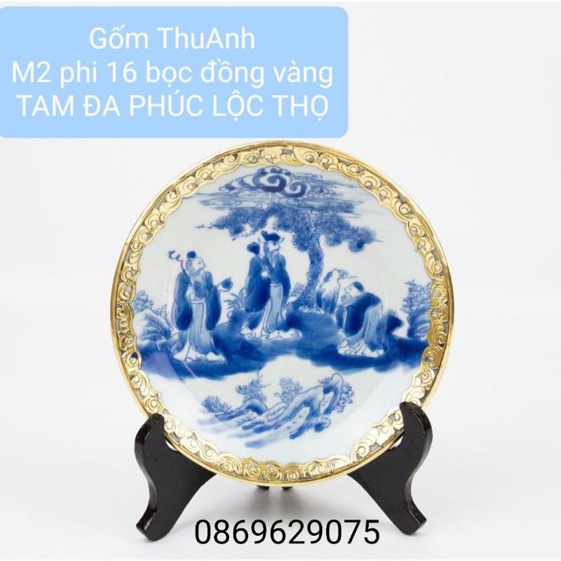 Đĩa cảnh men lam bọc đồng vàng.Hàng vẽ tay gốm sứ Bát Tràng.