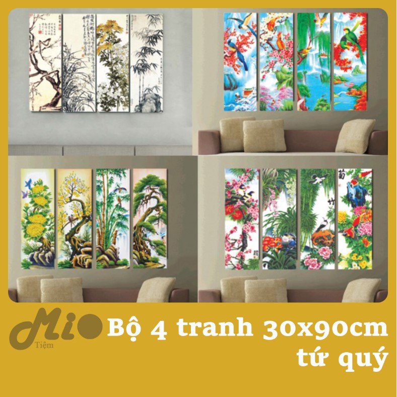 Bộ tranh tứ quý xuân hạ thu đông có khung treo tường trang trí gia đình , phòng khách hiện đại trang trọng lịch sự