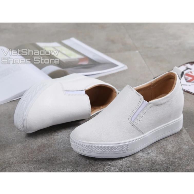 Slip on da nữ đế xuồng - Giày lười da nữ độn đế - Chất liệu da bò màu (trắng) và (đen) - Mã SP: 9909 -h91