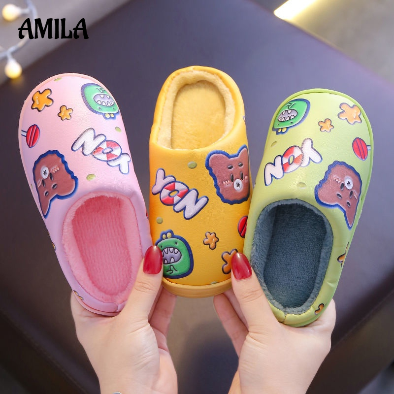 AMILA Dép Đi Trong Nhà Bằng Da PU Lót Cotton Giữ Ấm Chống Trượt Chống Thấm Nước In Hoạt Hình Dễ Thương Cho Bé