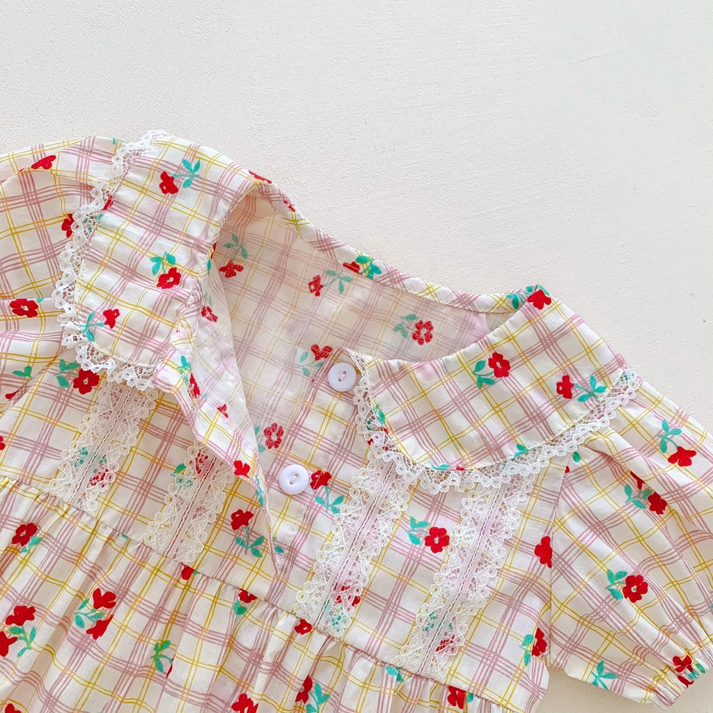 Bộ Áo Liền Quần Ngắn Tay Phối Ren In Hoa Thời Trang Mùa Hè Cho Bé Gái Sơ Sinh