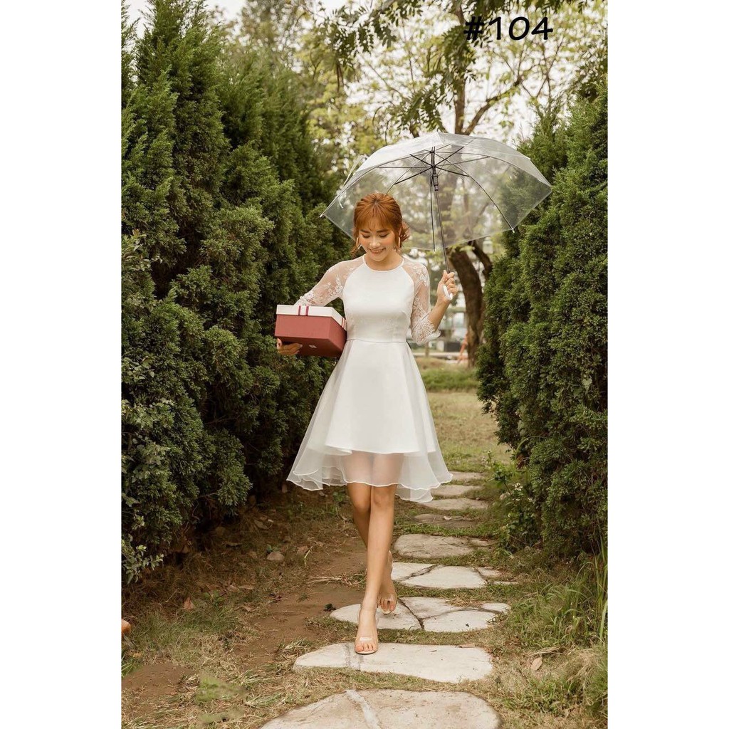 Đầm Babydoll Trắng 💗FREESHIP💗 Tay Dài Dáng Xòe Phối Lưới Ren