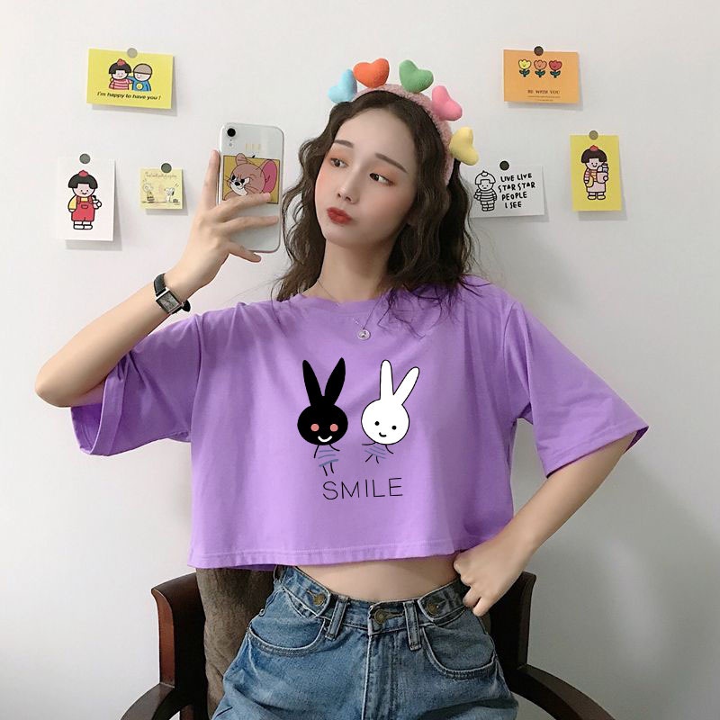 Áo Thun Crotop Form Rộng Tay Ngắn Chất Cotton Mền Mại In Hình Thỏ Smile Ulzzang Style Hàn Quốc TTT0116