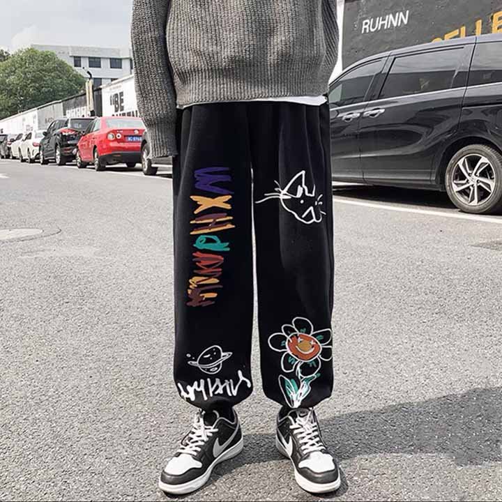 Quần Jogger Dài Ống Rộng In Hình Hoa ⚡️ MẪU MỚI ⚡️Nỉ Ulzzang Dây Rút Ở Gấu Ống Suông phong cách hàn quốc mặc được 2 kiểu