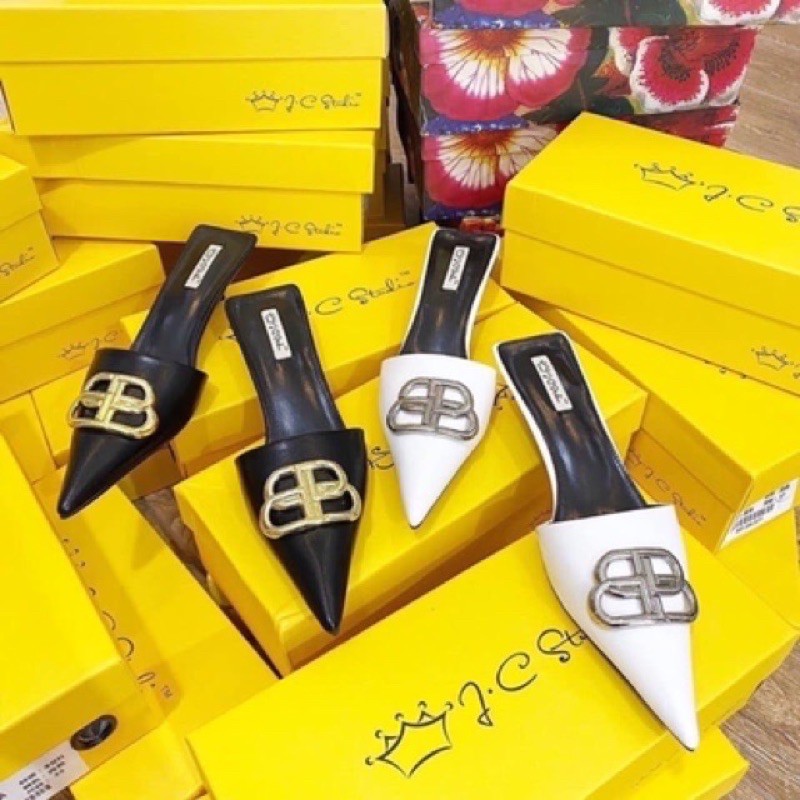 Sục cao gót da lì mũi nhọn gót 3 phân nhọn khoá chữ B cánh bướm cao cấp full box, Sục nữ cao gót thời trang công sở 2022
