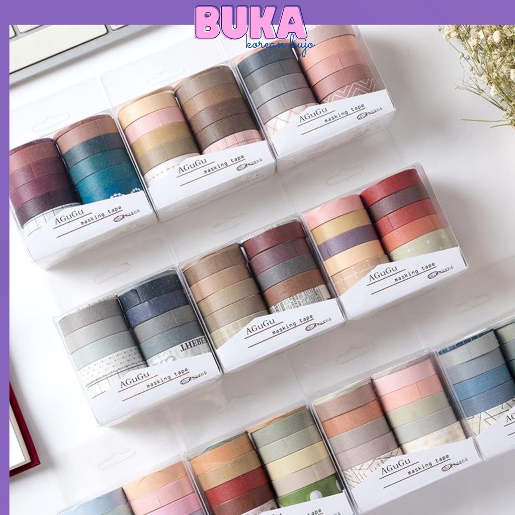 Set 10 washi tape Agugu băng keo giấy washi trơn và họa tiết nhiều màu trang trí sổ bullet journal