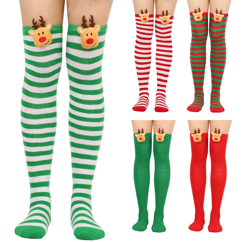 Tất Dài Qua Gối Vải Lông Mềm Mịn Họa Tiết Sừng Hươu 3D Dễ Thương Hóa Trang Tiệc Giáng Sinh