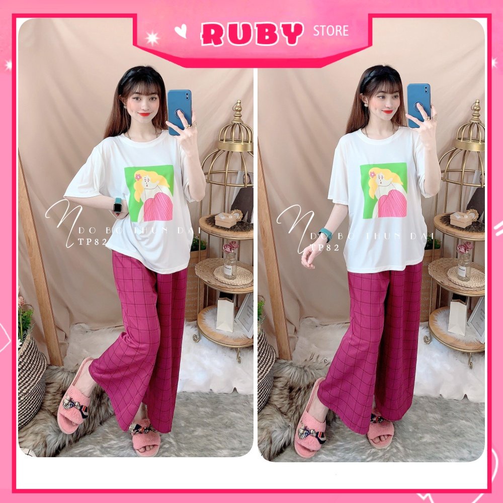 Đồ bộ ống rộng phối sọc kẻ cho nữ chất vải mềm mát lưng thun co giãn in họa tiết hoạt hình dễ thương TP82