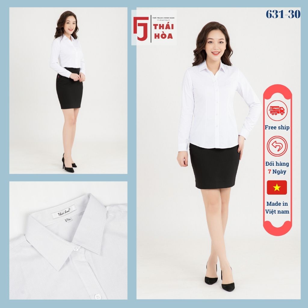 Áo sơ mi nữ công sở trắng cao cấp dài tay đẹp kẻ tăm caro chìm cotton Thái Hòa 631-30-01