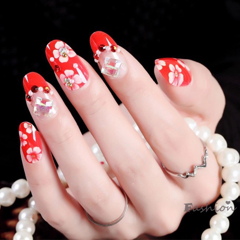 Set 24 Móng Tay Giả Đính Đá Lấp Lánh Màu Đỏ Kèm Miếng Dán Lưng Cho Cô Dâu