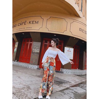 Set bộ trang phục hotgirl sexy áo croptop quần ống rộng culottes hoạ tiết thổ cẩm hoa đẹp đi biển du lịch