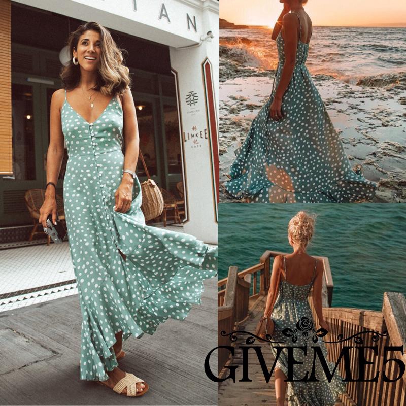 Đầm 2 dây dài dáng rộng họa tiết chấm bi xinh xắn  dành cho nữ