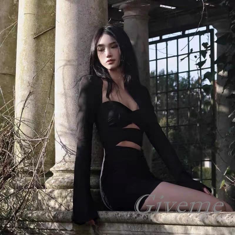 Đầm Tay Dài Màu Trơn Thiết Kế Khoét Lỗ Thời Trang Mùa Xuân Cho Nữ