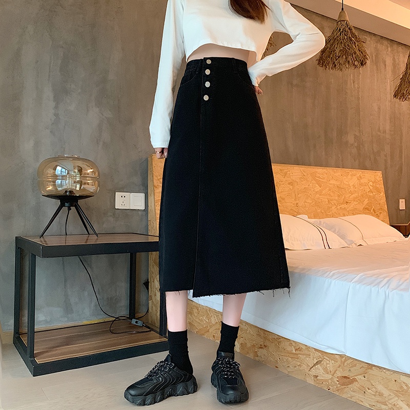Chân váy bò chân váy jean nữ FIRST DATE dáng dài xẻ tà lệch denim jeans