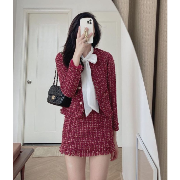 Set dạ tweed kim tuyến đỏ, trắng, đen 2 món