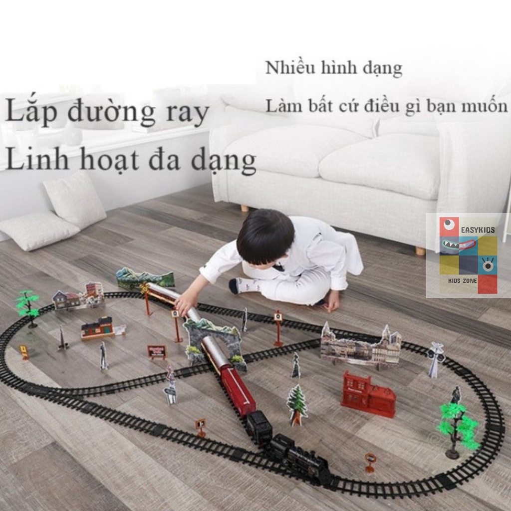 Đồ chơi tàu hỏa, mô hình tàu hoả cổ điển EASYKIDS chạy trên đường ray, nhả hơi nước, có đèn và âm thanh