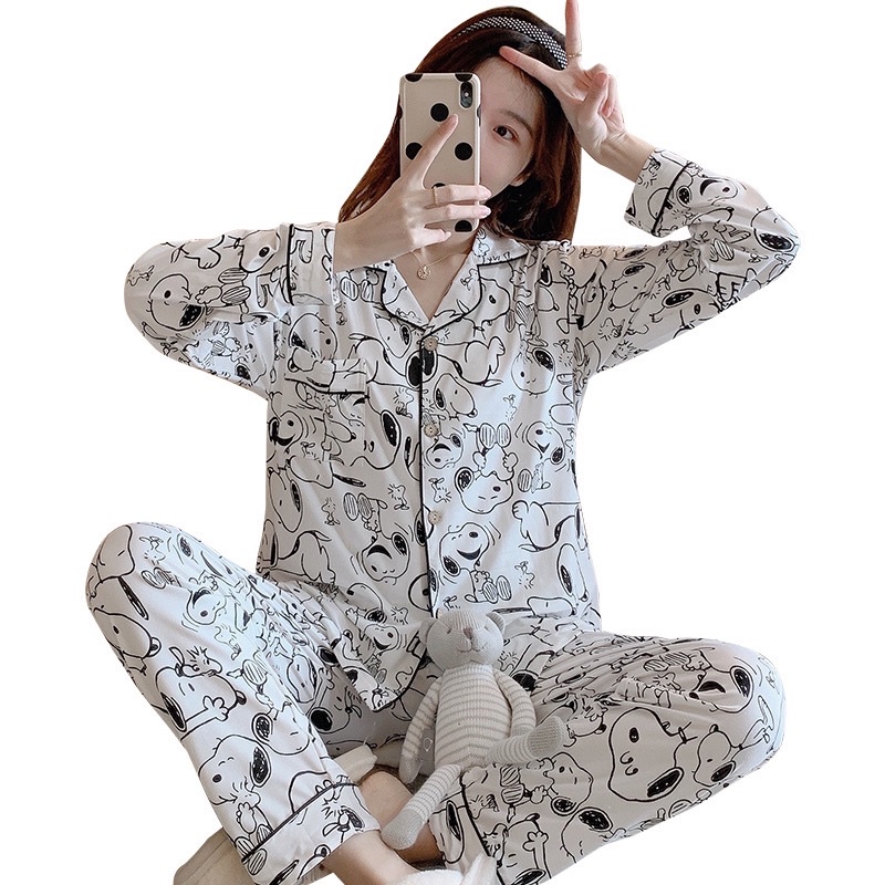 Bộ Ngủ Pijama Nữ Dáng Dài Mặc Nhà Chó, Cún Trắng Thu Đông Kate Form Rông