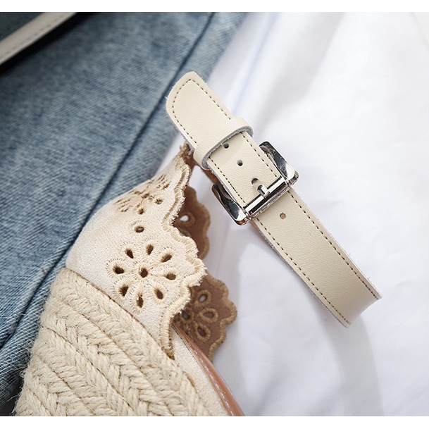 Giày cao gót đế xuồng bọc cói 10cm, chất da lộn viền hoa thêu