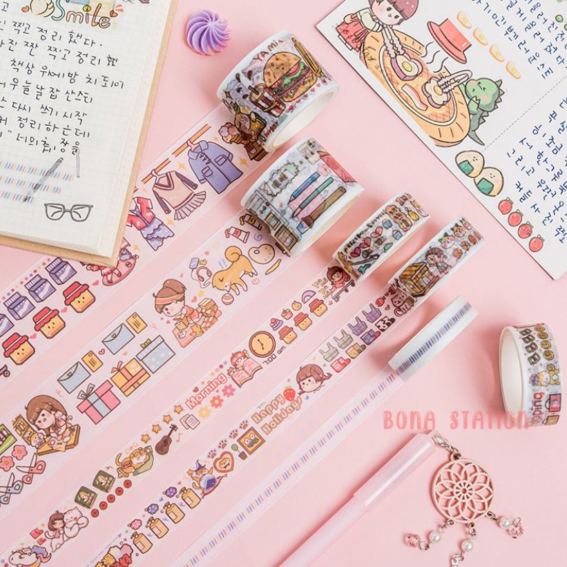 Bộ 10 cuộn washi tape và 10 tấm sticker dễ thương Cute girl's diary | BSW059