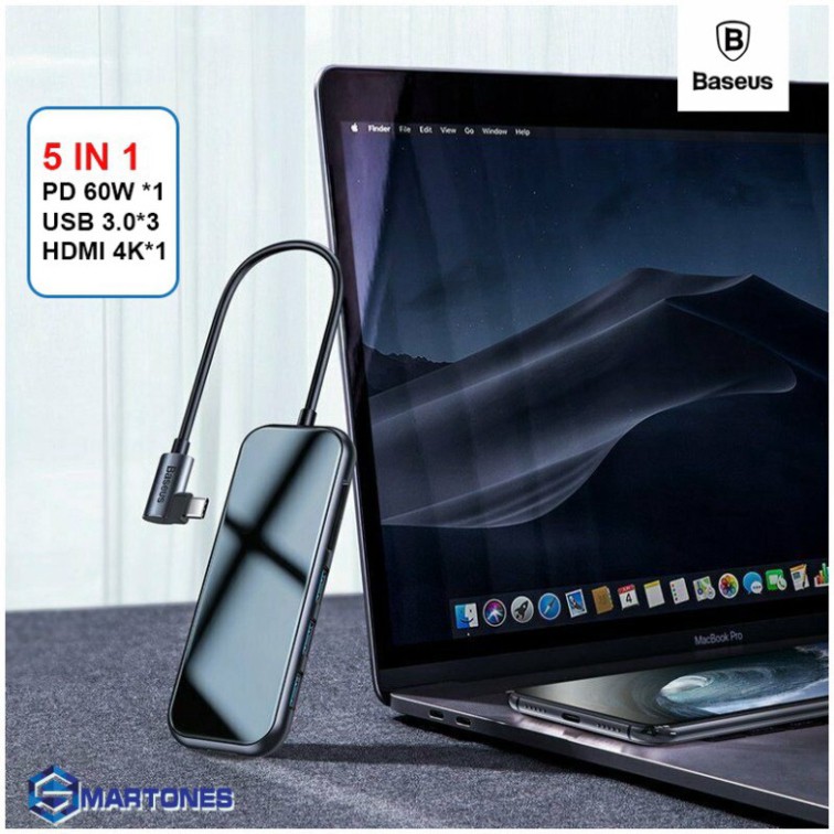 Bộ USB C Hub Baseus Mirror Series mở rộng cổng 5 in 1 USB 3.0x3 ,HDMI 4K@30Hz x1 , PD 60W x1 cho Macbook, Laptop, mobile