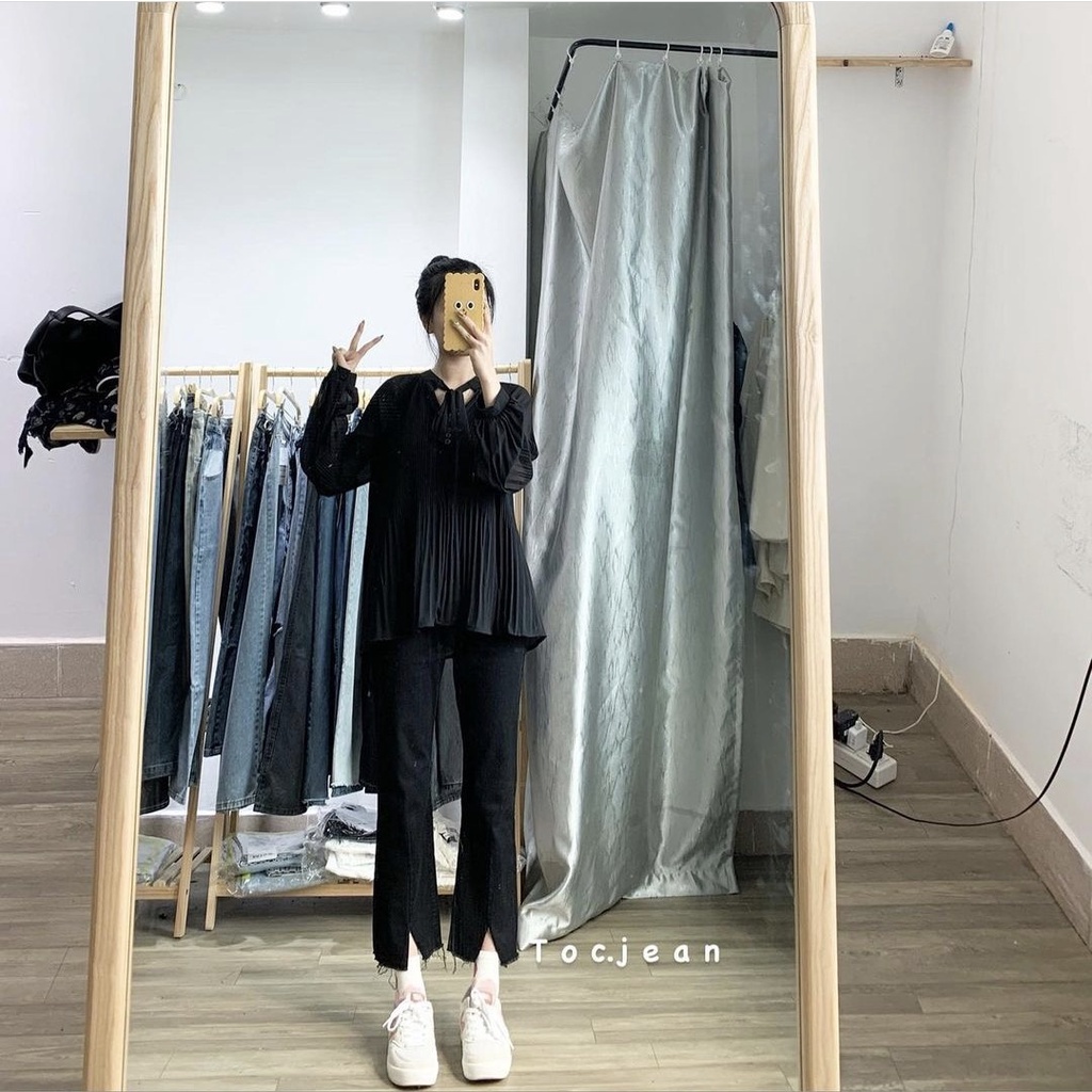 Quần jean bò ống loe đen xẻ gấu cạp cao hách dáng chất jeans co giãn thoải mái gấu tua cá tính phong cách hàn quốc