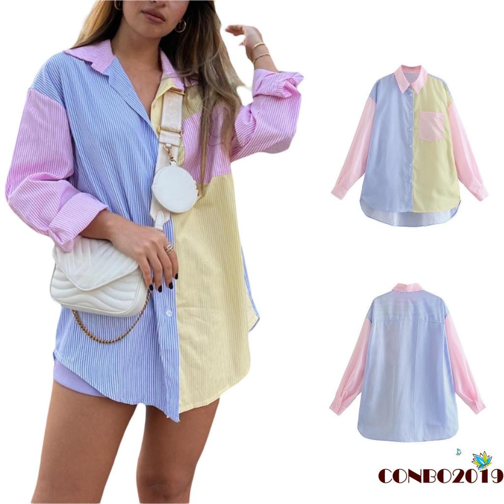 Áo Sơ Mi Tay Dài Dáng Rộng Họa Tiết Kẻ Sọc Màu Sắc Thời Trang Cho Nữ